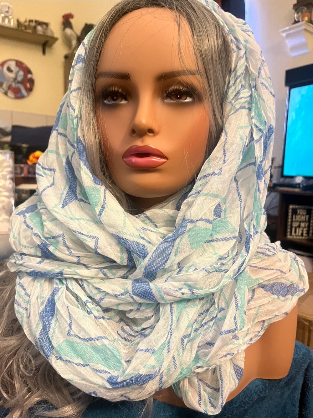 Lightweight Blue & Mint Patterned Infinity Scarf - Women Accessories S28